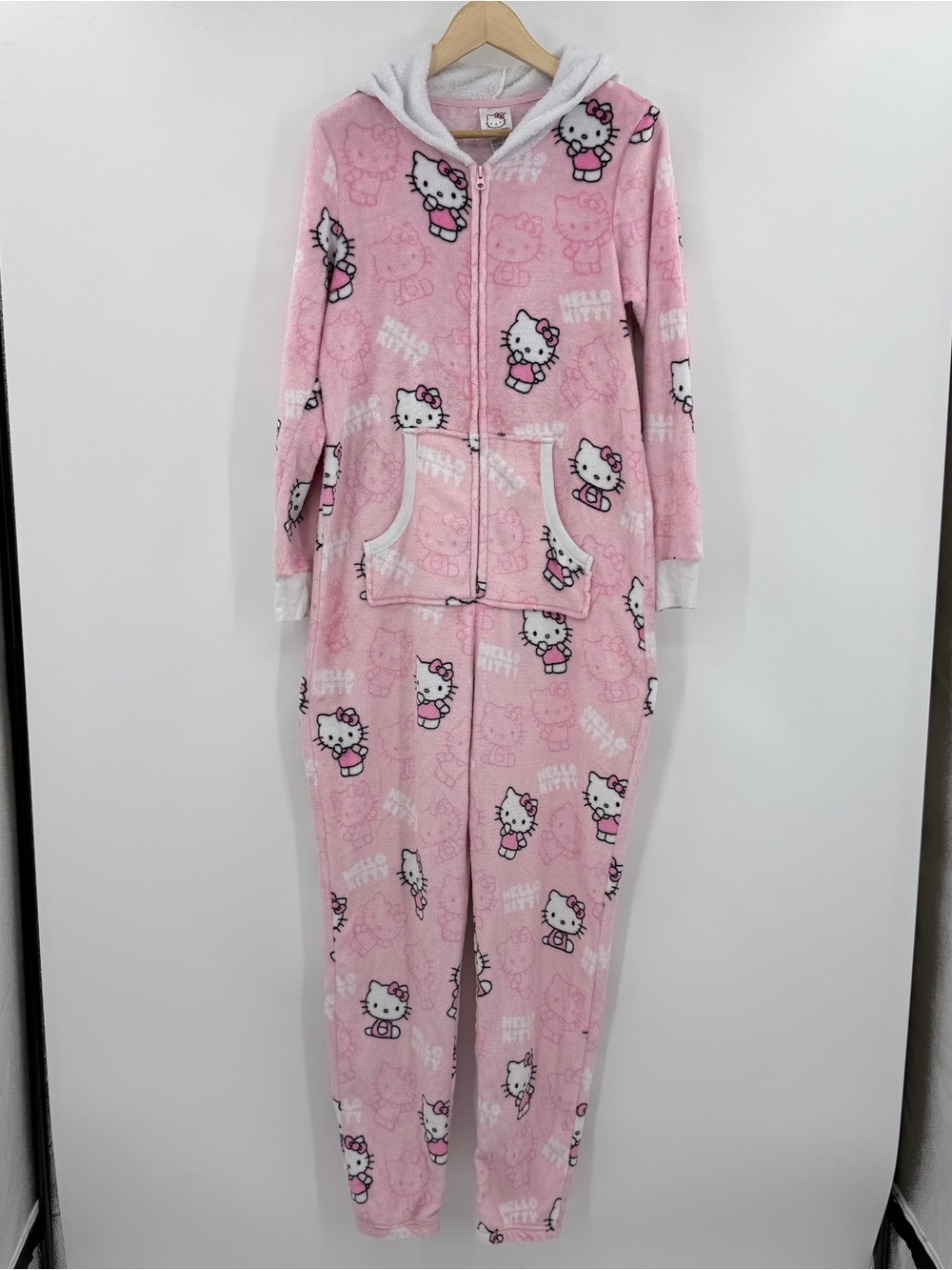 Hello Kitty Pink Fleece Hooded Union Suit Onesie One Piece Pajamas Unisex Medium